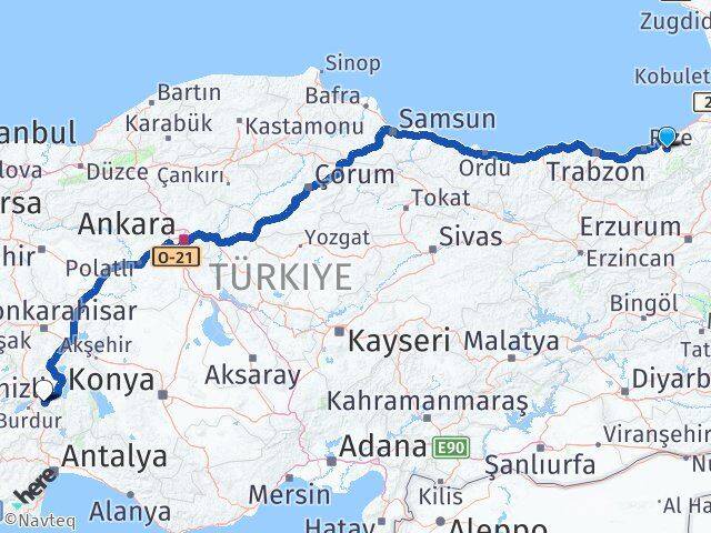 Rize Hemşin Isparta Arası Kaç Km - Yol Haritası