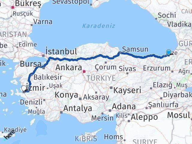 Rize Hemşin İzmir Arası Kaç Km - Yol Haritası