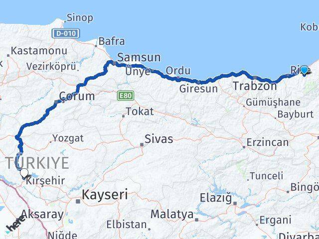 Rize Hemşin Kırşehir Arası Kaç Km - Yol Haritası