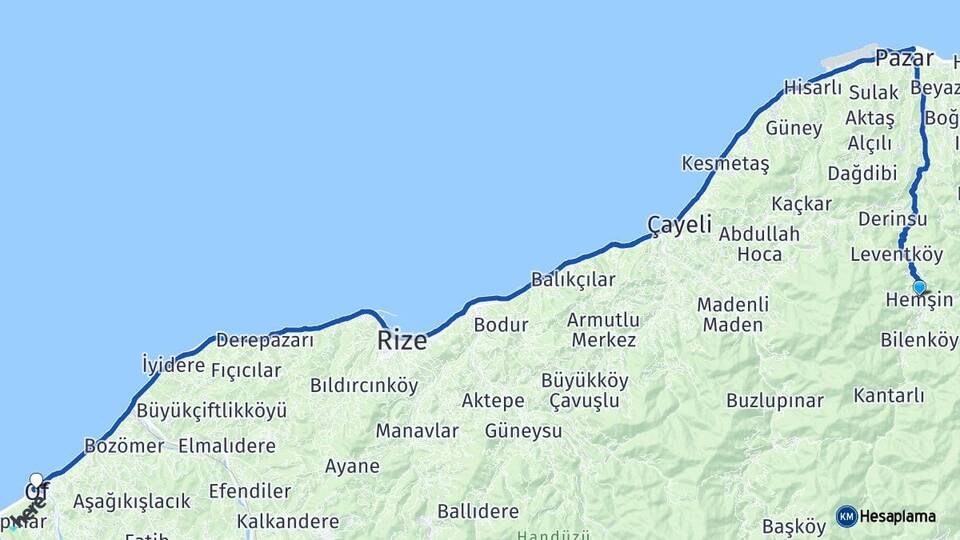 Rize Hemşin Of Trabzon Arası Kaç Km - Yol Haritası