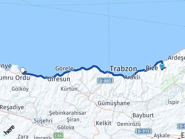 Rize Hemşin Ordu Arası Kaç Km - Yol Haritası