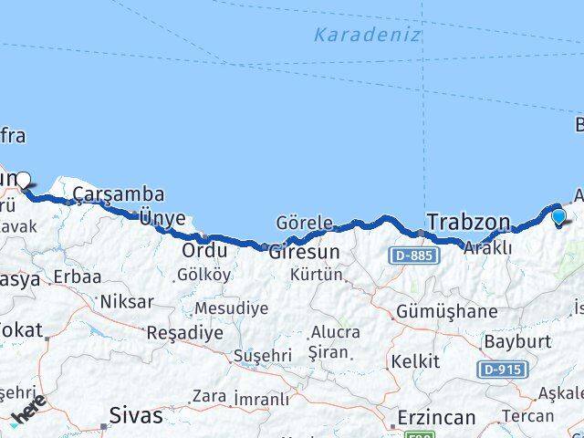 Rize Hemşin Samsun Arası Kaç Km - Yol Haritası