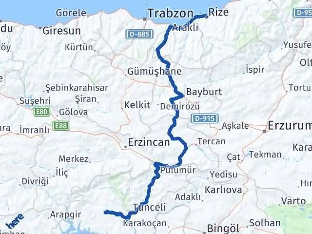 Rize Hozat Tunceli Arası Kaç Km - Yol Haritası