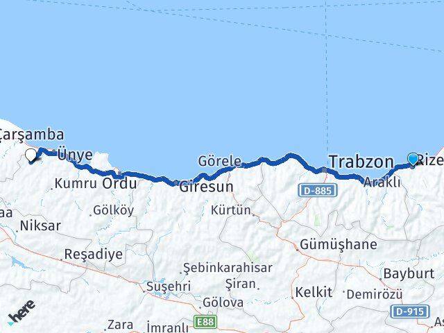 Rize İkizce Ordu Arası Kaç Km - Yol Haritası