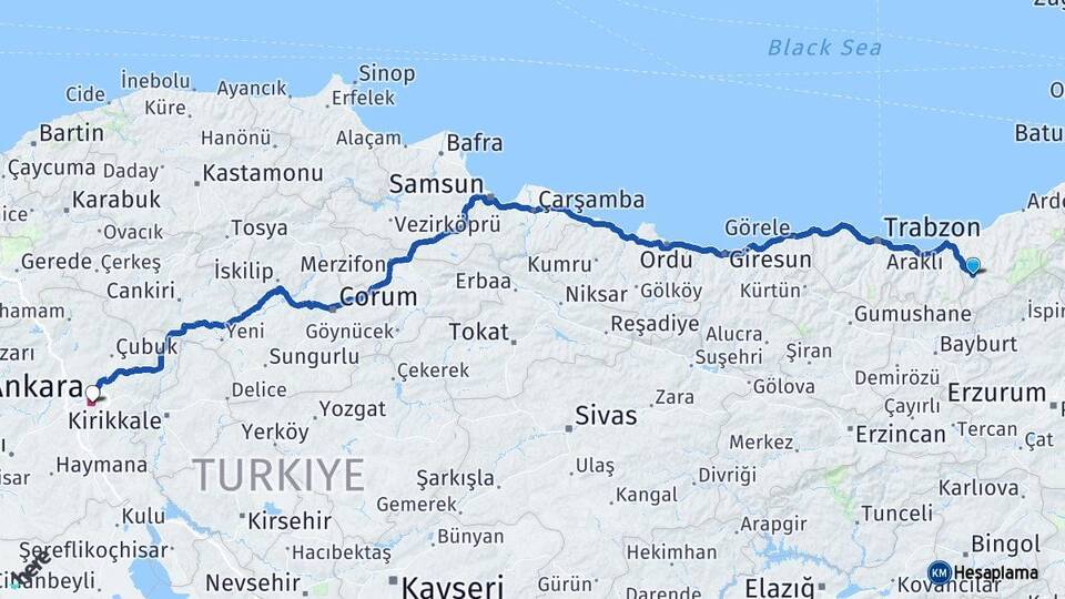 Rize İkizdere Ankara Arası Kaç Km - Yol Haritası