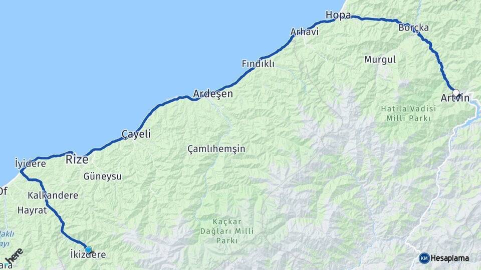 Rize İkizdere Artvin Arası Kaç Km - Yol Haritası