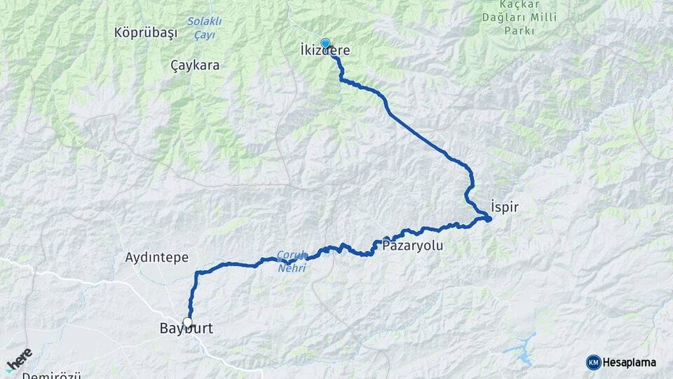 Rize İkizdere Bayburt Arası Kaç Km - Yol Haritası