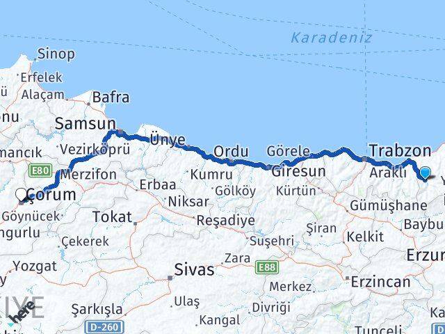 Rize İkizdere Çorum Arası Kaç Km - Yol Haritası