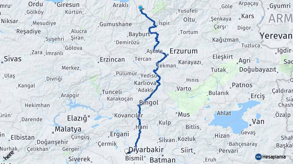 Rize İkizdere Diyarbakır Arası Kaç Km - Yol Haritası