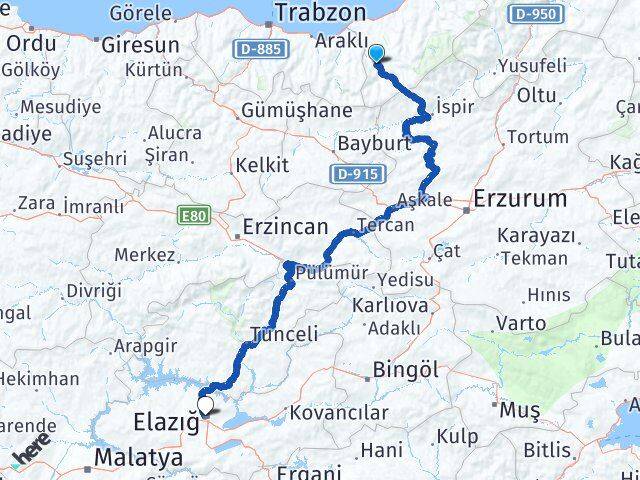 Rize İkizdere Elazığ Arası Kaç Km - Yol Haritası