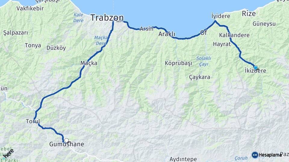 Rize İkizdere Gümüşhane Arası Kaç Km - Yol Haritası