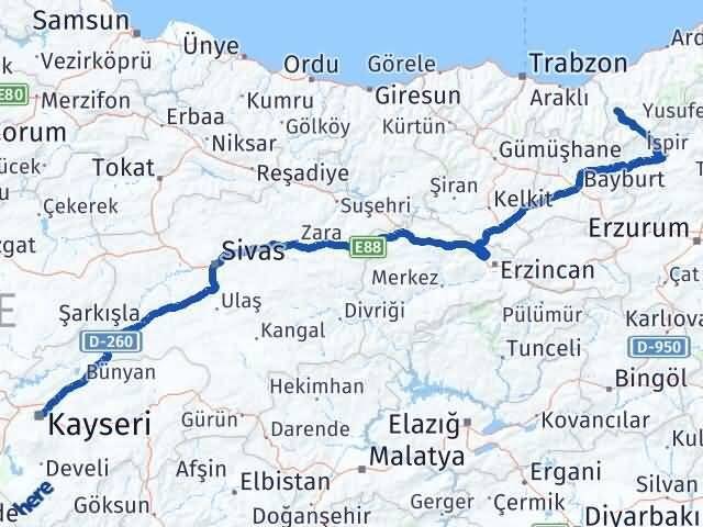 Rize İkizdere Kayseri Arası Kaç Km - Yol Haritası