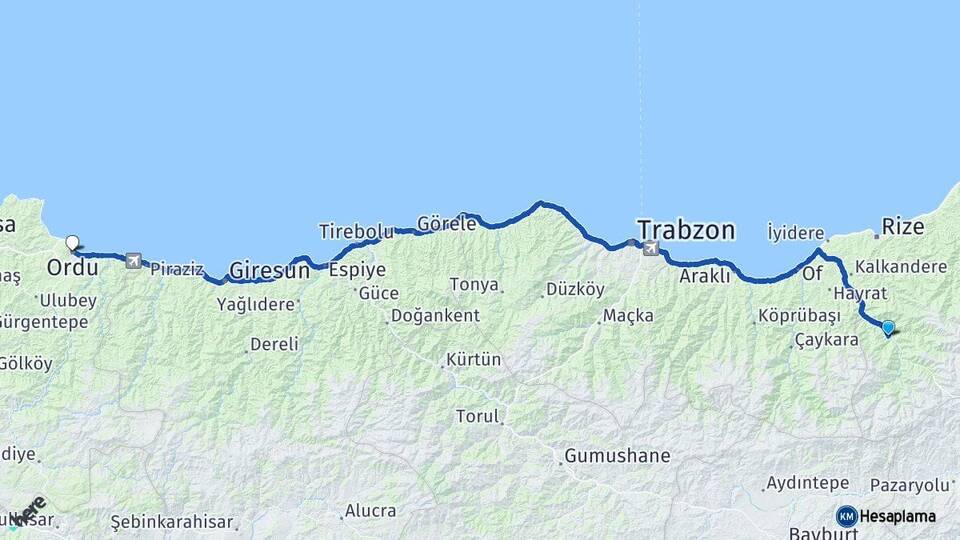 Rize İkizdere Ordu Arası Kaç Km - Yol Haritası