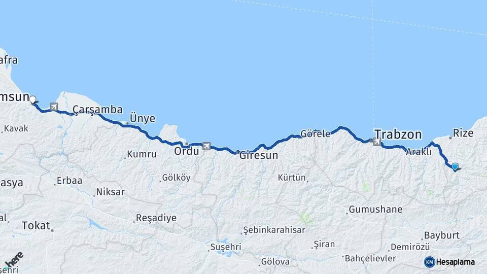 Rize İkizdere Samsun Arası Kaç Km - Yol Haritası