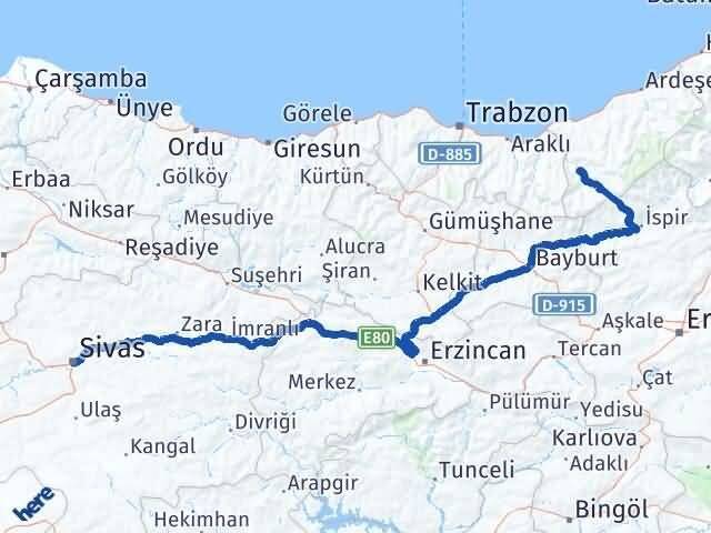 Rize İkizdere Sivas Arası Kaç Km - Yol Haritası