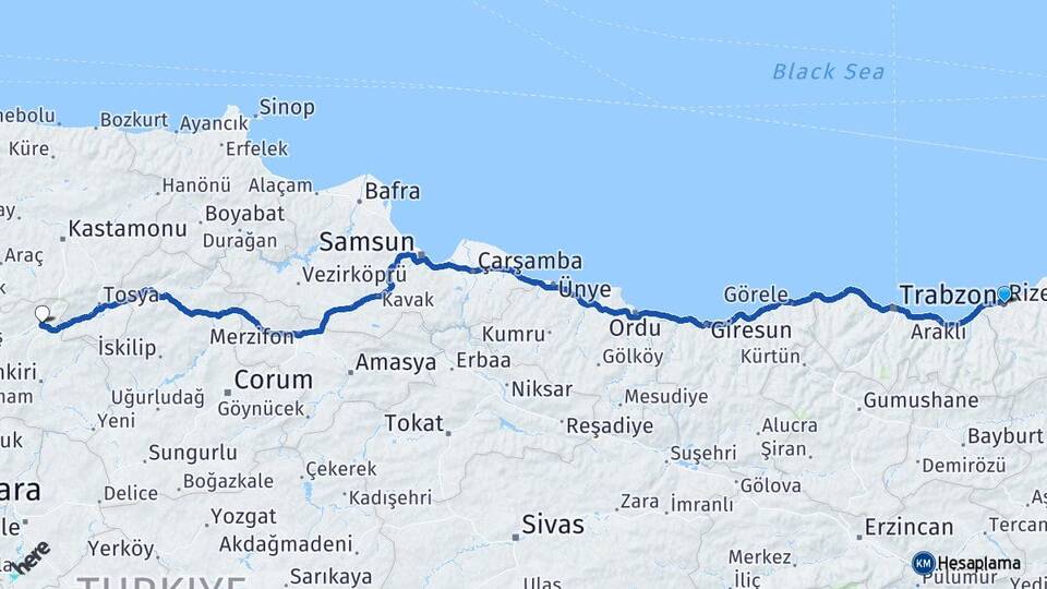 Rize Ilgaz Çankırı Arası Kaç Km - Yol Haritası
