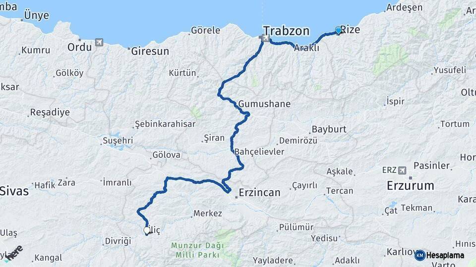 Rize İliç Erzincan Arası Kaç Km - Yol Haritası