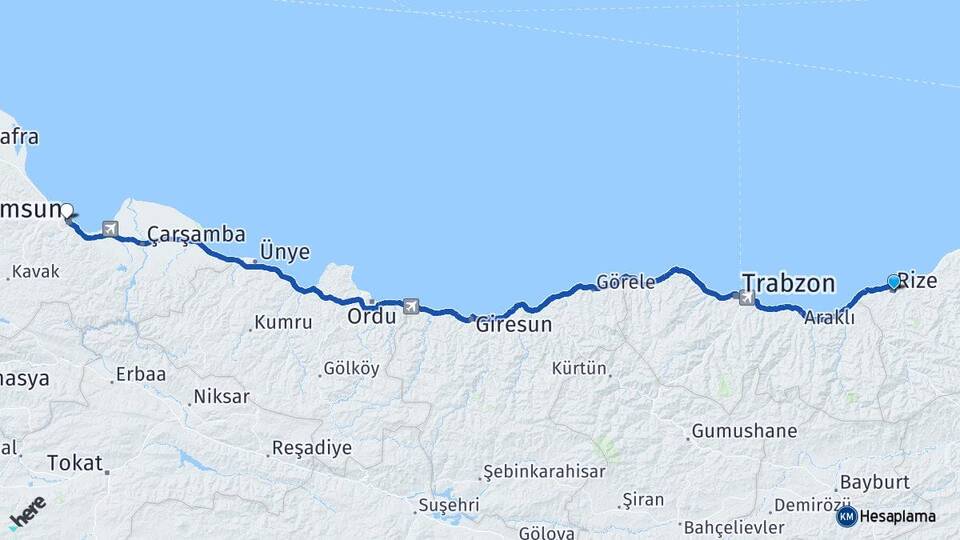 Rize İlkadım Samsun Arası Kaç Km - Yol Haritası