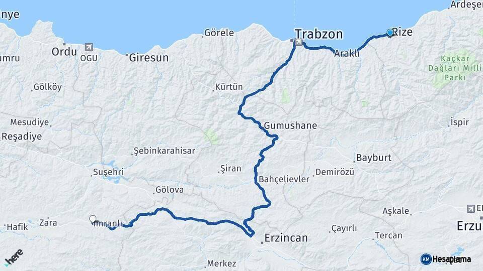 Rize İmranlı Sivas Arası Kaç Km - Yol Haritası