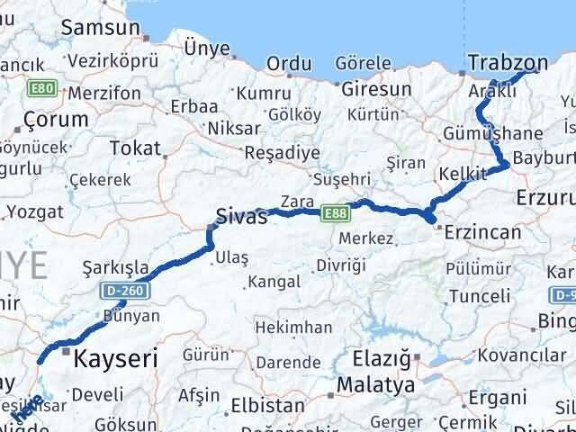 Rize İncesu Kayseri Arası Kaç Km - Yol Haritası