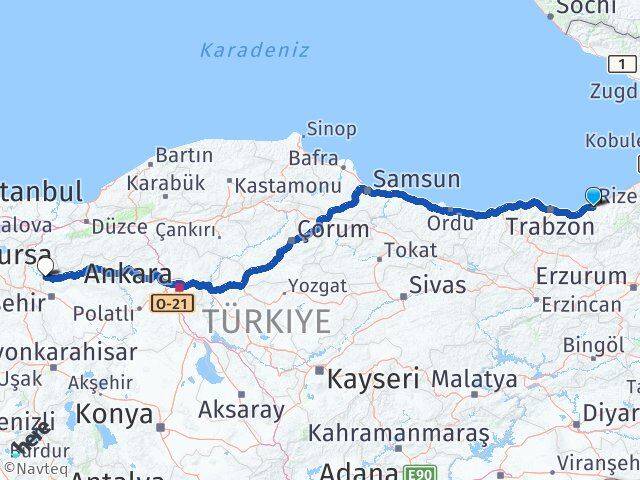 Rize İnhisar Bilecik Arası Kaç Km - Yol Haritası