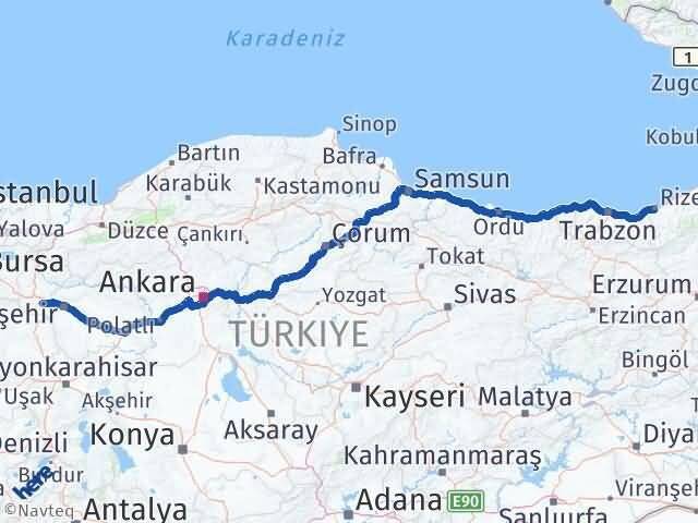 Rize İnönü Eskişehir Arası Kaç Km - Yol Haritası