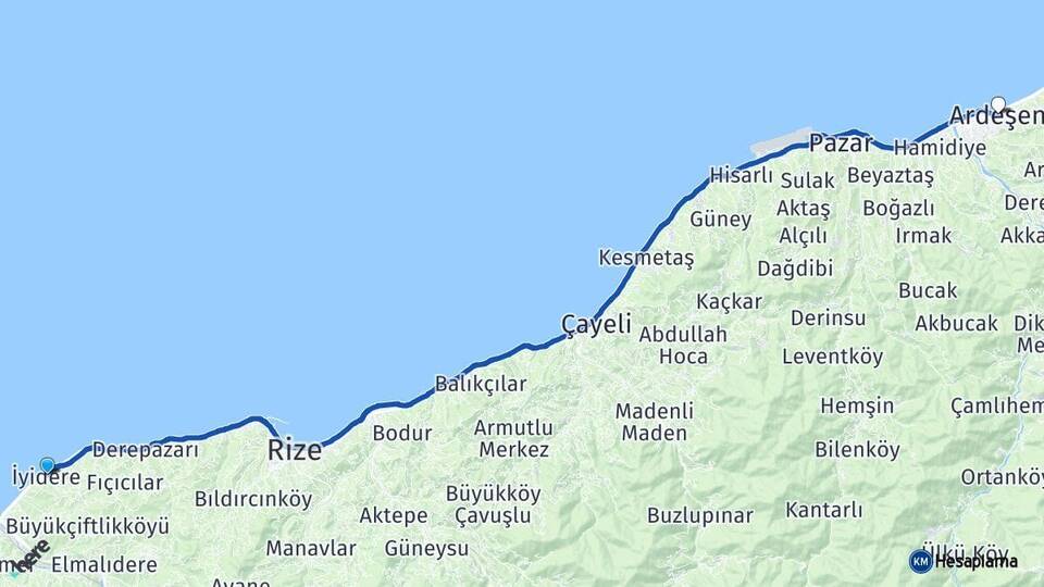 Rize İyidere Ardeşen Arası Kaç Km - Yol Haritası