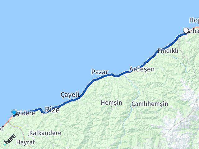 Rize İyidere Arhavi Artvin Arası Kaç Km - Yol Haritası