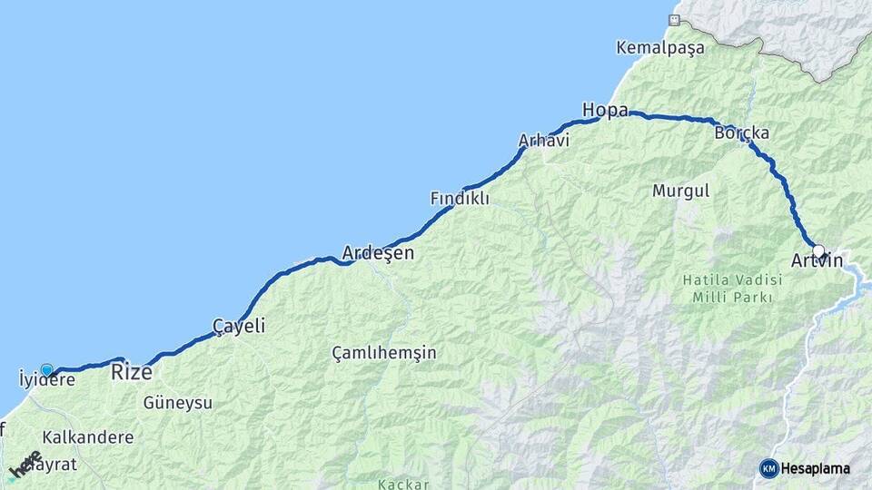 Rize İyidere Artvin Arası Kaç Km - Yol Haritası