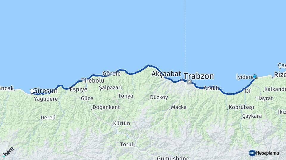 Rize İyidere Giresun Arası Kaç Km - Yol Haritası