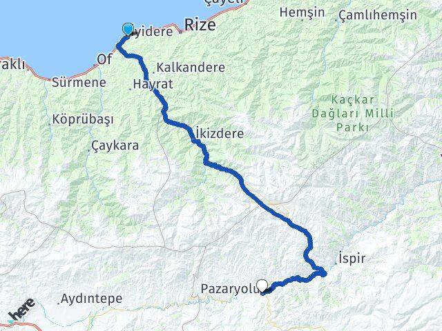 Rize İyidere Pazaryolu Erzurum Arası Kaç Km - Yol Haritası