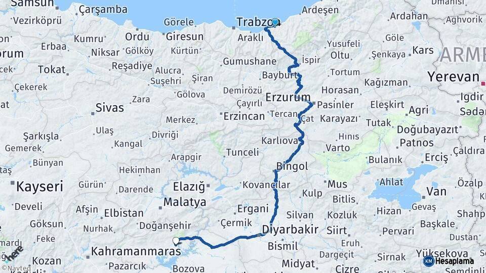 Rize Kahta Adıyaman Arası Kaç Km - Yol Haritası