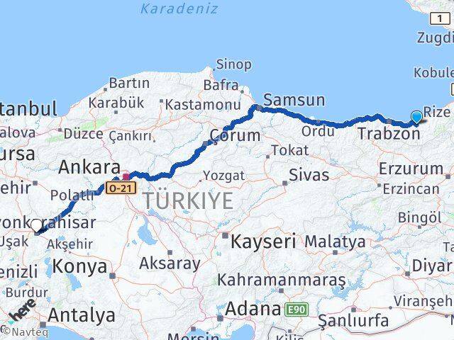 Rize Kalkandere Afyonkarahisar Arası Kaç Km - Yol Haritası