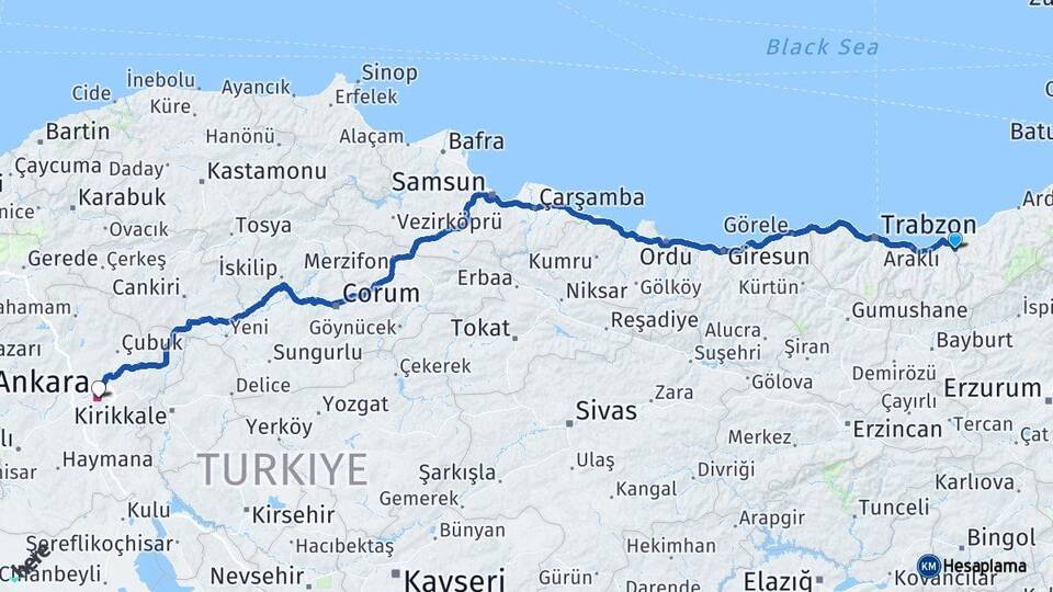 Rize Kalkandere Ankara Arası Kaç Km - Yol Haritası