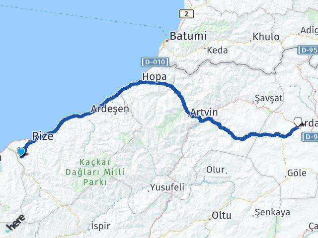 Rize Kalkandere Ardahan Arası Kaç Km - Yol Haritası