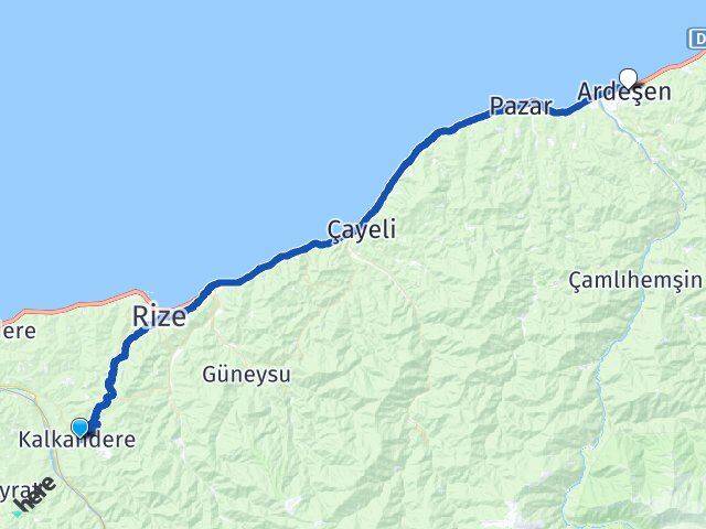 Rize Kalkandere Ardeşen Arası Kaç Km - Yol Haritası