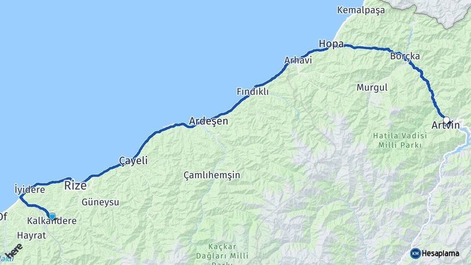 Rize Kalkandere Artvin Arası Kaç Km - Yol Haritası