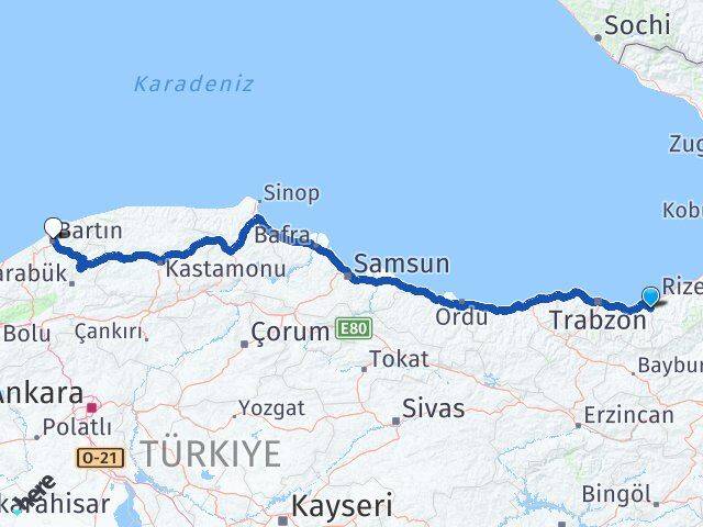 Rize Kalkandere Bartın Arası Kaç Km - Yol Haritası