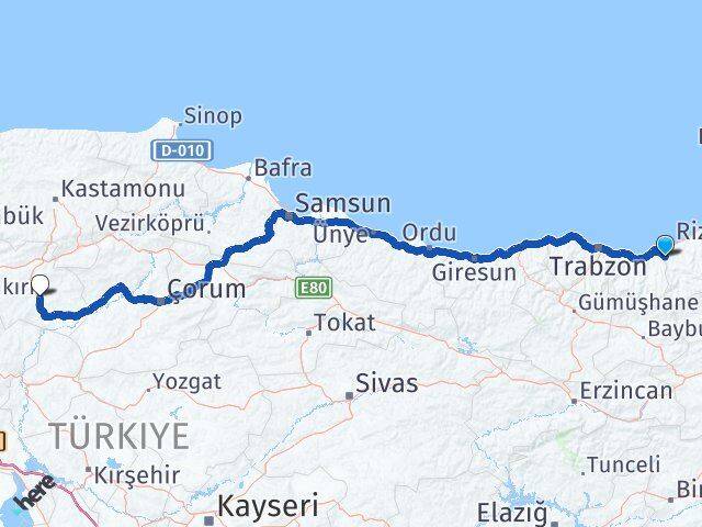 Rize Kalkandere Çankırı Arası Kaç Km - Yol Haritası