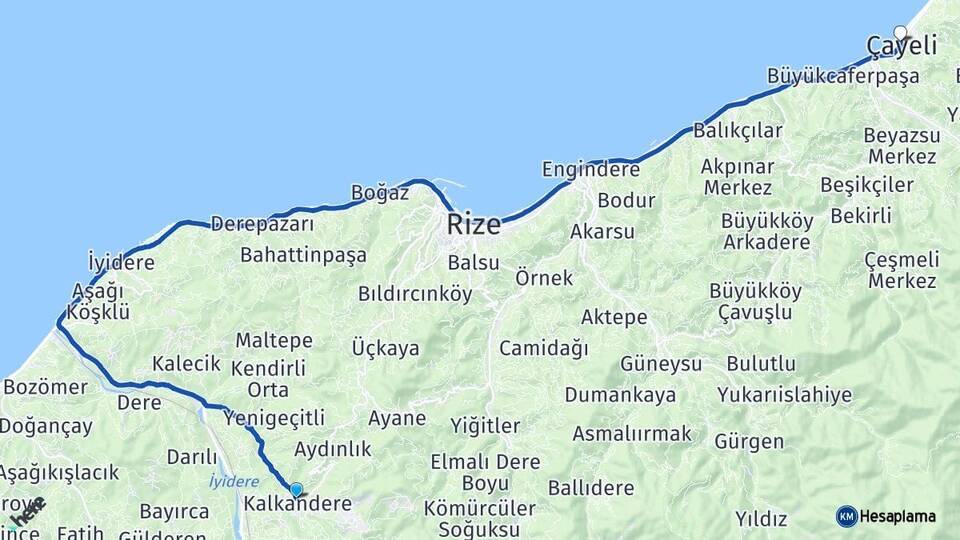 Rize Kalkandere Çayeli Arası Kaç Km - Yol Haritası