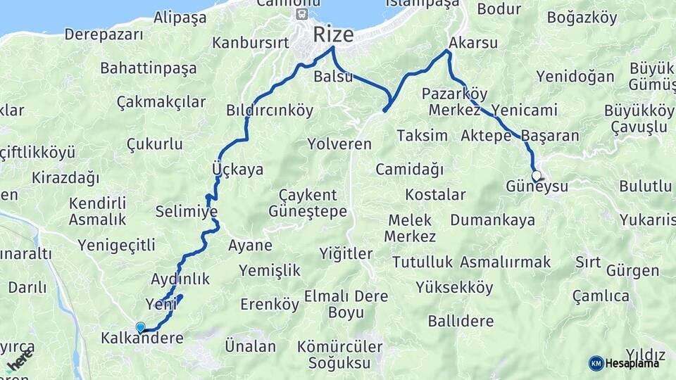 Rize Kalkandere Güneysu Arası Kaç Km - Yol Haritası