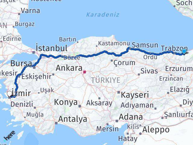 Rize Kalkandere İzmir Arası Kaç Km - Yol Haritası