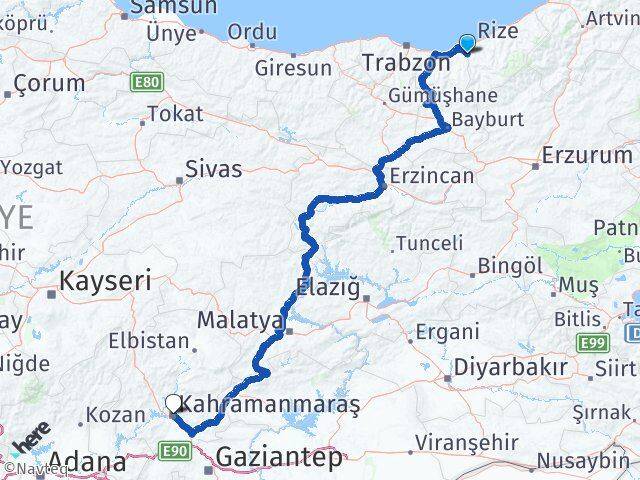 Rize Kalkandere Kahramanmaraş Arası Kaç Km - Yol Haritası