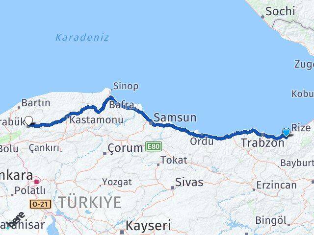 Rize Kalkandere Karabük Arası Kaç Km - Yol Haritası