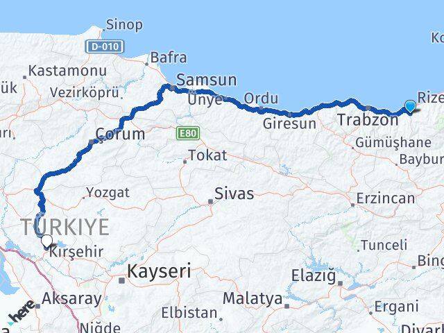 Rize Kalkandere Kırşehir Arası Kaç Km - Yol Haritası