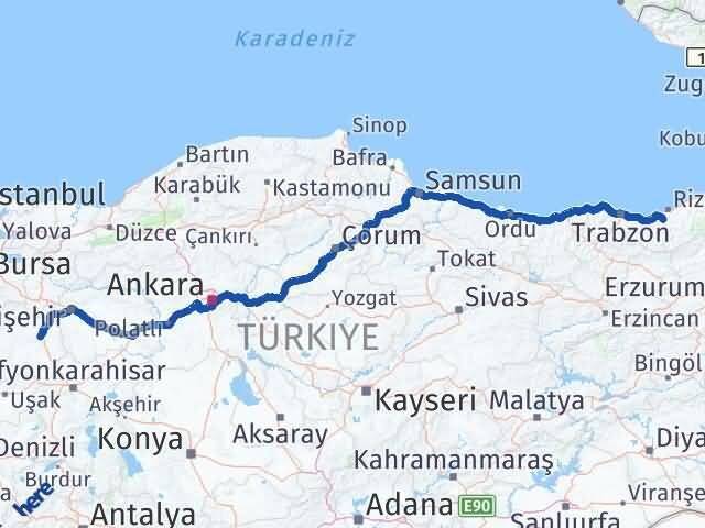 Rize Kalkandere Kütahya Arası Kaç Km - Yol Haritası
