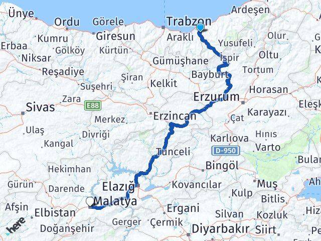 Rize Kalkandere Malatya Arası Kaç Km - Yol Haritası
