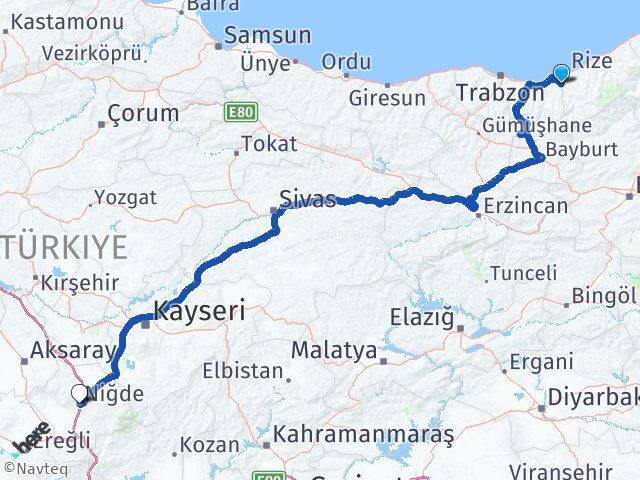 Rize Kalkandere Niğde Arası Kaç Km - Yol Haritası