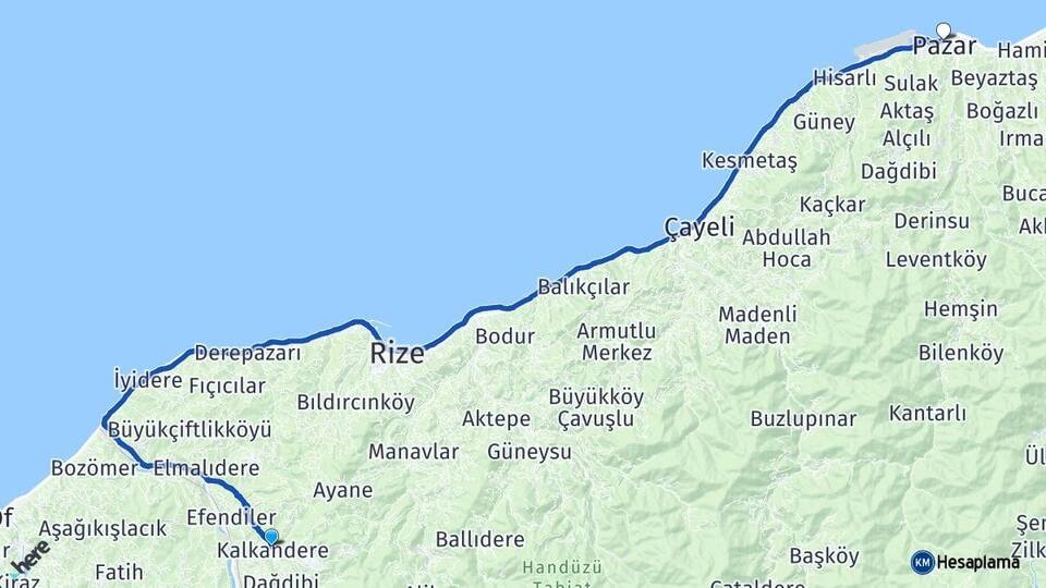 Rize Kalkandere Pazar Arası Kaç Km - Yol Haritası