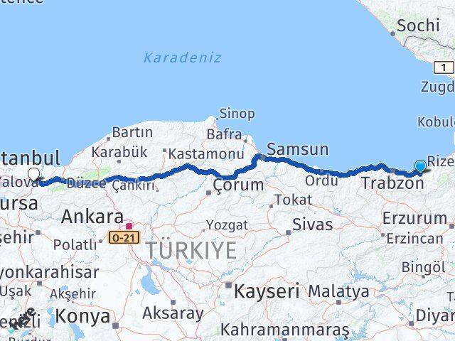 Rize Kalkandere Sakarya Arası Kaç Km - Yol Haritası